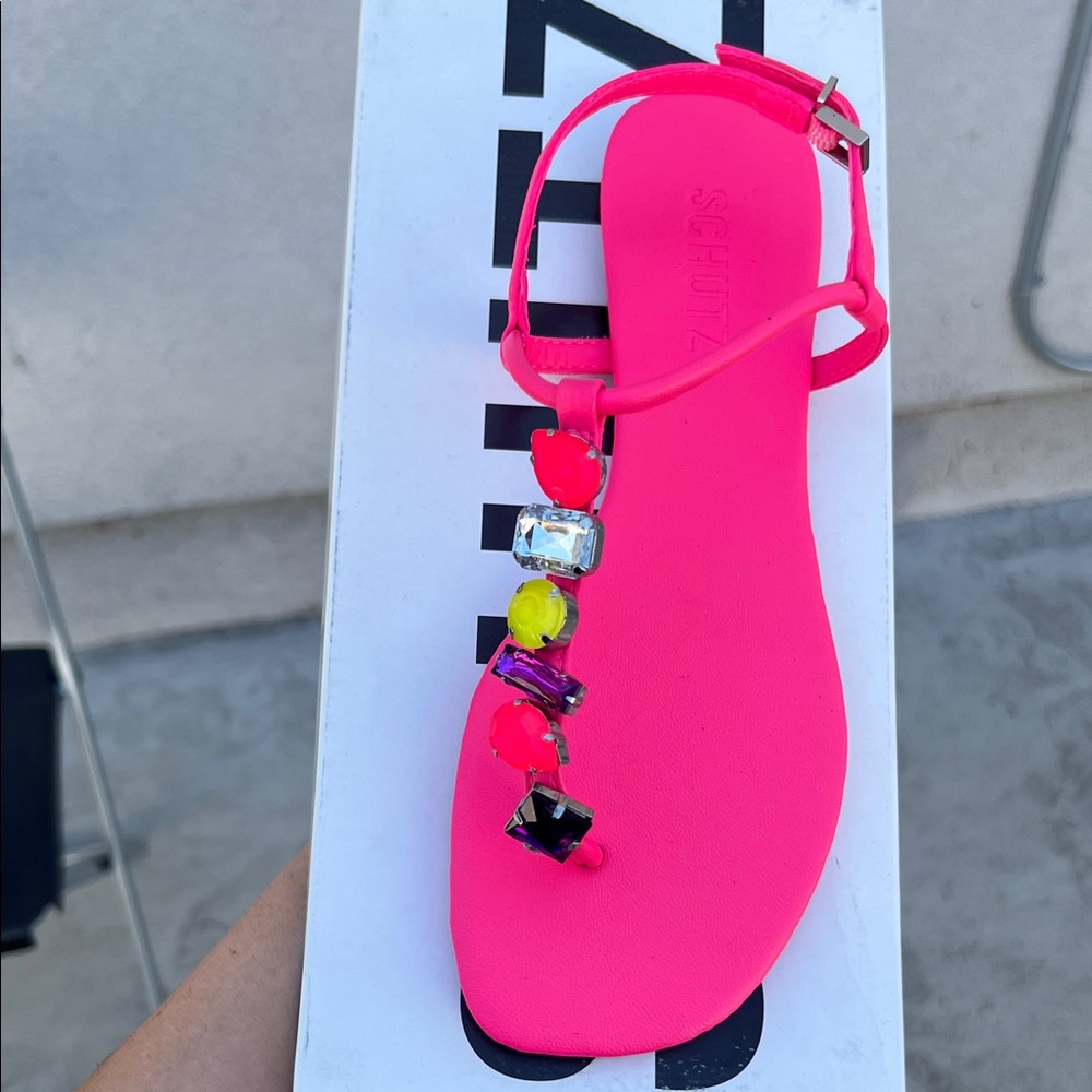 SCHUTZ Neon Pink Sandals with Gem Embellishments